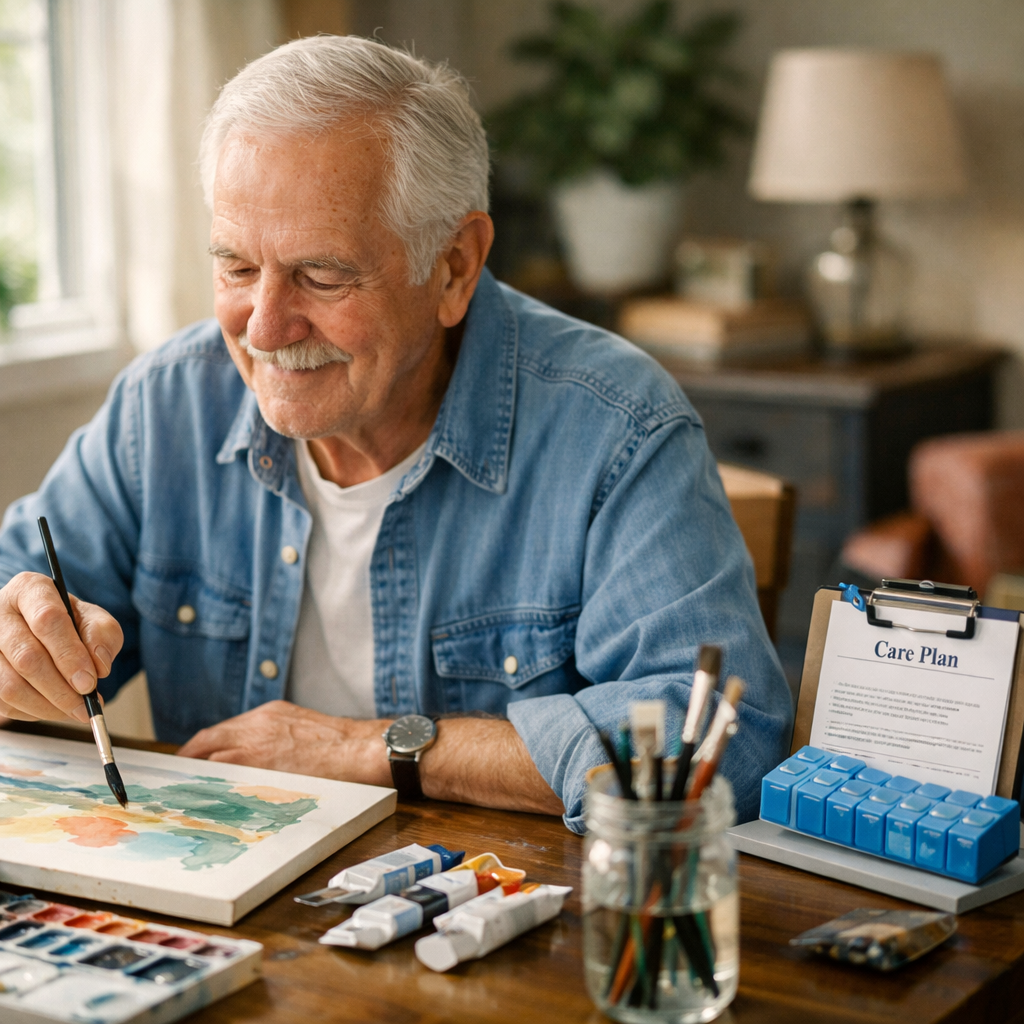 A senior man in his 70s sitting at a bright, organized home workspace, engaged in painting on a canvas with watercolors. Art supplies are neatly arranged nearby, and medication organizer and care plan documents are visible but unobtrusive on a side table. Soft morning light fills the room. The man has a content, focused expression showing active engagement in his hobby. Shot with 35mm lens, shallow depth of field, natural window lighting, photo style