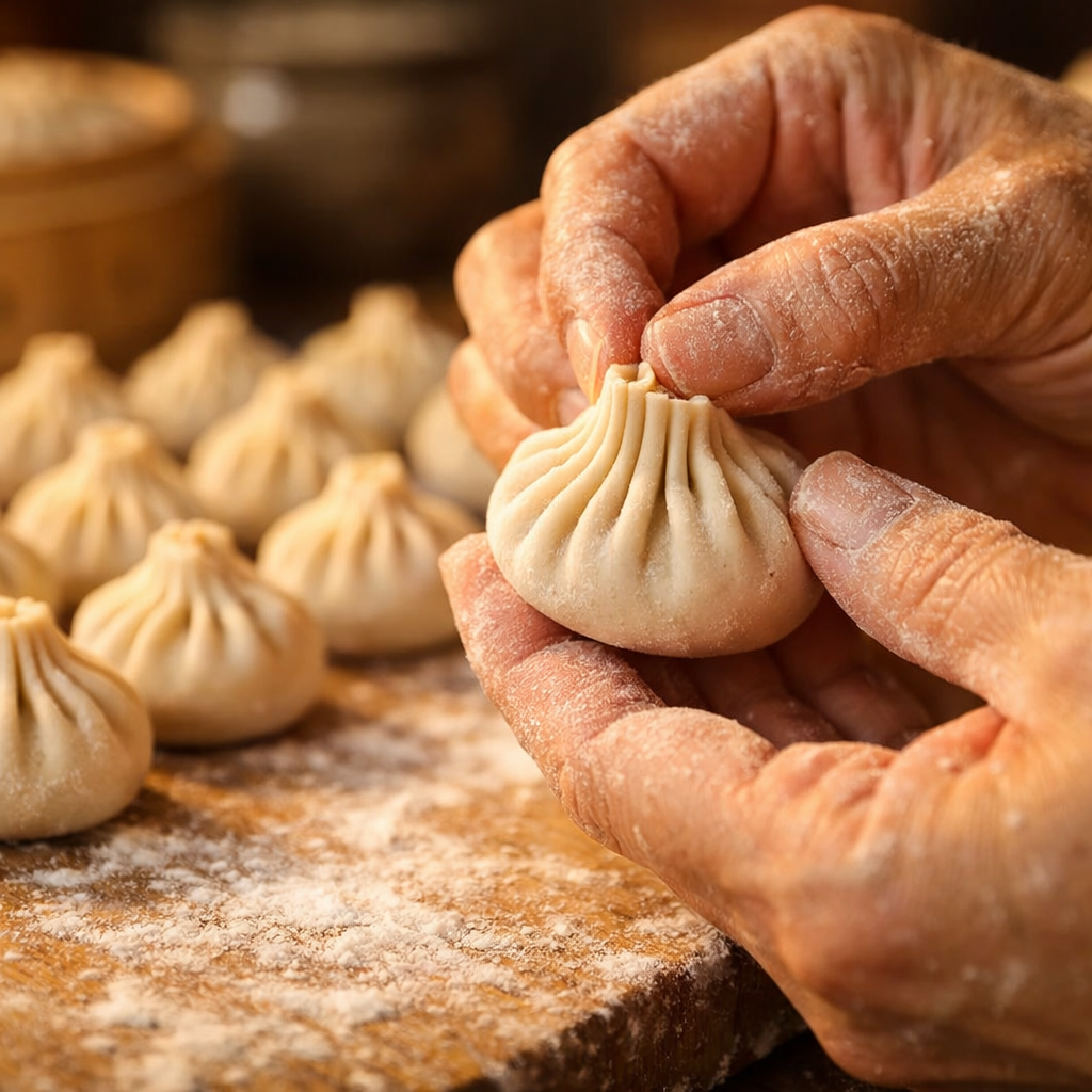 A photo style image of traditional Chinese food production, showing artisan hands carefully folding dumplings with precise 18-pleat technique on a flour-dusted wooden surface, with rows of perfectly pleated dumplings in soft focus background, warm golden hour lighting from the side, shot with macro lens, f/2.8, shallow depth of field, emphasizing the craftsmanship and texture of the dumpling wrapper, traditional Chinese kitchen elements softly blurred in background