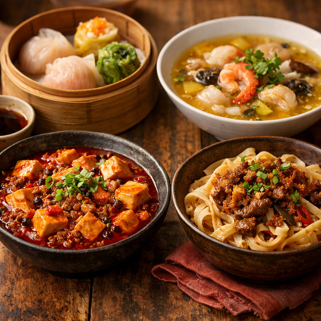A beautifully composed photo style image showing four distinct regional Chinese dishes arranged on a rustic wooden table, each representing different culinary traditions: vibrant red Sichuan mapo tofu with visible Sichuan peppercorns, delicate Cantonese dim sum with translucent wrappers, golden Shandong seafood in clear broth, and hand-pulled Xi'an noodles with cumin lamb, shot with 50mm lens, f/2.8, natural window lighting, warm tones, highly detailed textures, shallow depth of field