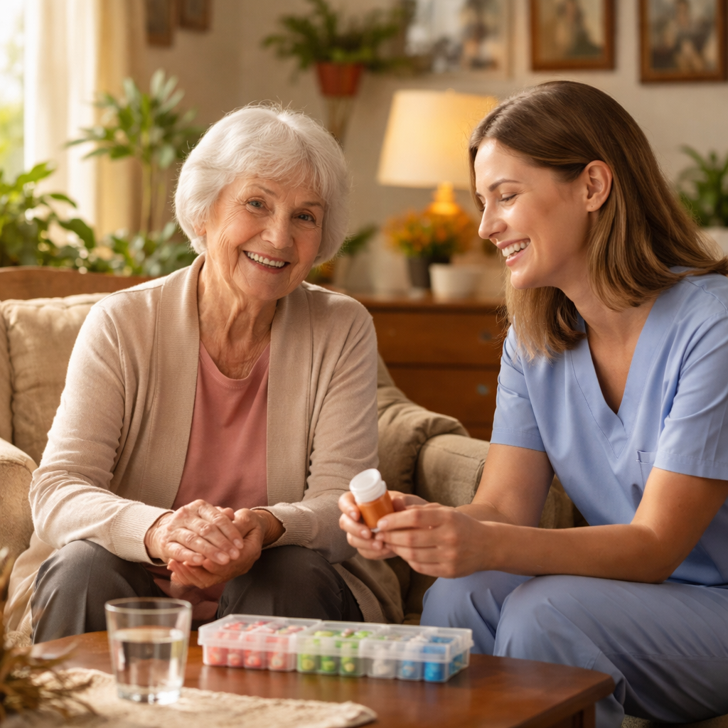 A warm, inviting photo of a cheerful elderly woman in her 70s sitting comfortably in her sunlit living room, surrounded by family photos and houseplants, with a friendly home care worker beside her helping organize medication, shot with 50mm lens, f/2.8, natural window lighting, warm tones, photo style