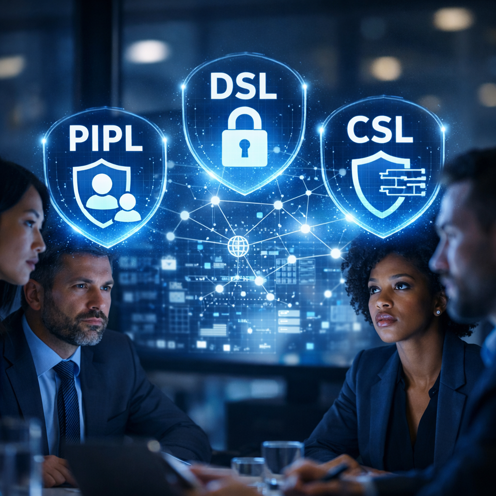 A modern corporate office setting showing a diverse team of professionals gathered around a large digital display screen showing interconnected regulatory compliance frameworks, with floating holographic icons representing PIPL, DSL, and CSL laws, dramatic lighting from the screen illuminating concerned faces, shot with 50mm lens, f/2.8, shallow depth of field, professional corporate photography style, high contrast, cool blue tones