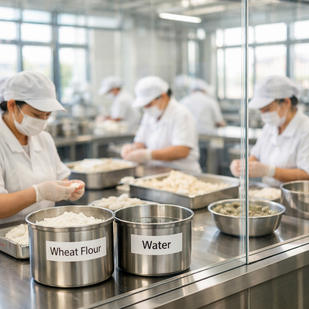 A modern Chinese food production facility with transparent glass walls showing workers in clean uniforms carefully preparing traditional dumplings by hand, natural lighting streaming through large windows, ingredient labels visible on stainless steel containers showing simple components like 'wheat flour' and 'water', shot with 50mm lens, f/2.8, bright and clean industrial aesthetic, high detail, photo style