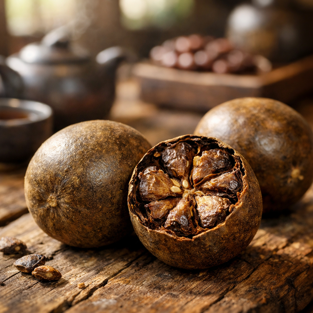 Close-up shot of fresh monk fruit (Luo Han Guo) displayed on a rustic wooden surface with traditional Chinese tea ceremony elements in soft focus background, natural window lighting creating warm tones, shallow depth of field, macro lens perspective showing the textured surface of the dried fruit, authentic cultural setting, shot with Canon EOS R5, f/2.8, highly detailed, photo style