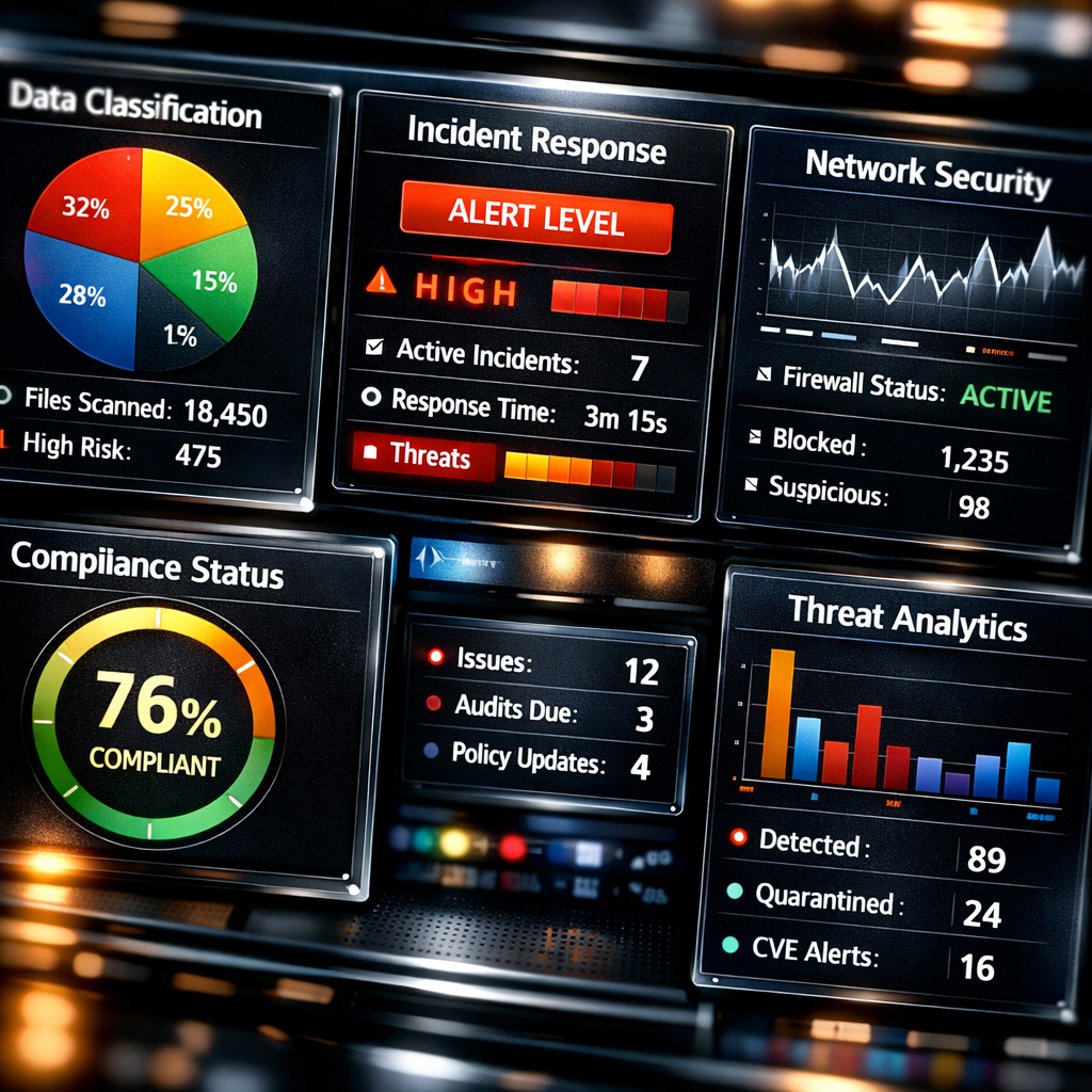 Close-up view of a digital dashboard displaying five interconnected compliance monitoring systems with real-time data classification charts, incident response indicators, and cybersecurity metrics, shot with macro lens, dramatic lighting, high contrast, sleek modern interface design, photo style, intricate details, professional technology setting
