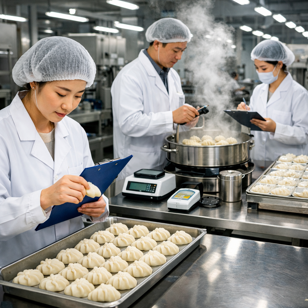 A three-stage quality control inspection process in a modern Chinese food manufacturing facility, showing inspectors in white coats examining dumpling products at different production stages, with clipboards and testing equipment, bright industrial lighting, professional factory environment, photo style shot with 35mm lens