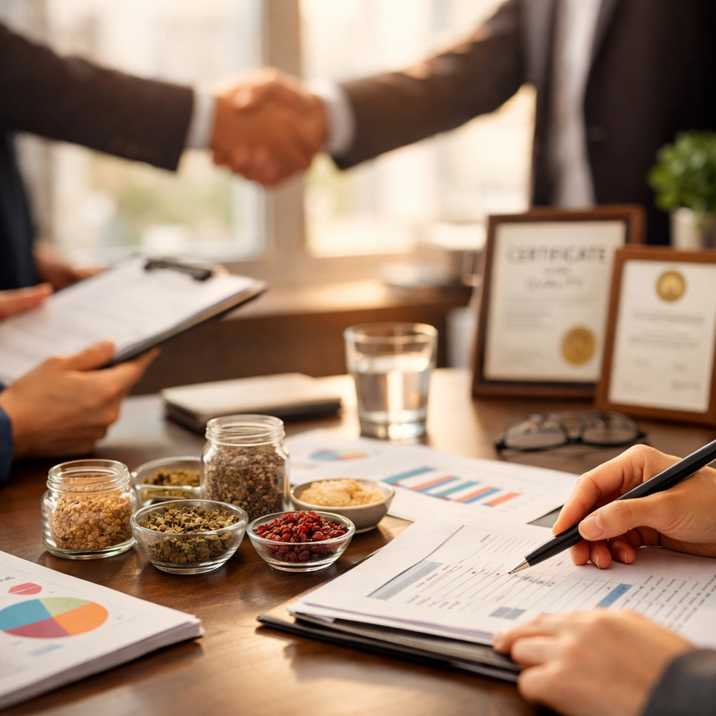 Business professionals reviewing documents and ingredient samples on a modern office desk, handshake in background suggesting partnership agreement, natural window lighting, shallow depth of field, professional office setting with charts and quality certificates visible, warm tones, photo style, shot with 35mm lens