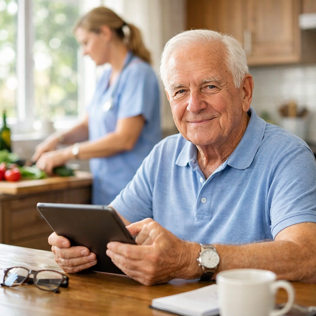 An empowering photo of an active senior man in his late 70s confidently using a tablet device while sitting at his kitchen table, with a professional caregiver in the background preparing a healthy meal, bright natural lighting from large windows, shallow depth of field, Canon EOS R5, photo style, showing independence and dignity