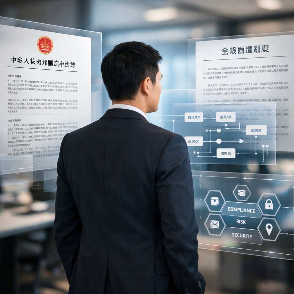 A professional business person standing at the intersection of multiple translucent digital layers showing Chinese regulatory documents, data flow diagrams, and compliance frameworks, shot with 50mm lens, f/2.8, natural office lighting, shallow depth of field, photo style, highly detailed, modern corporate environment