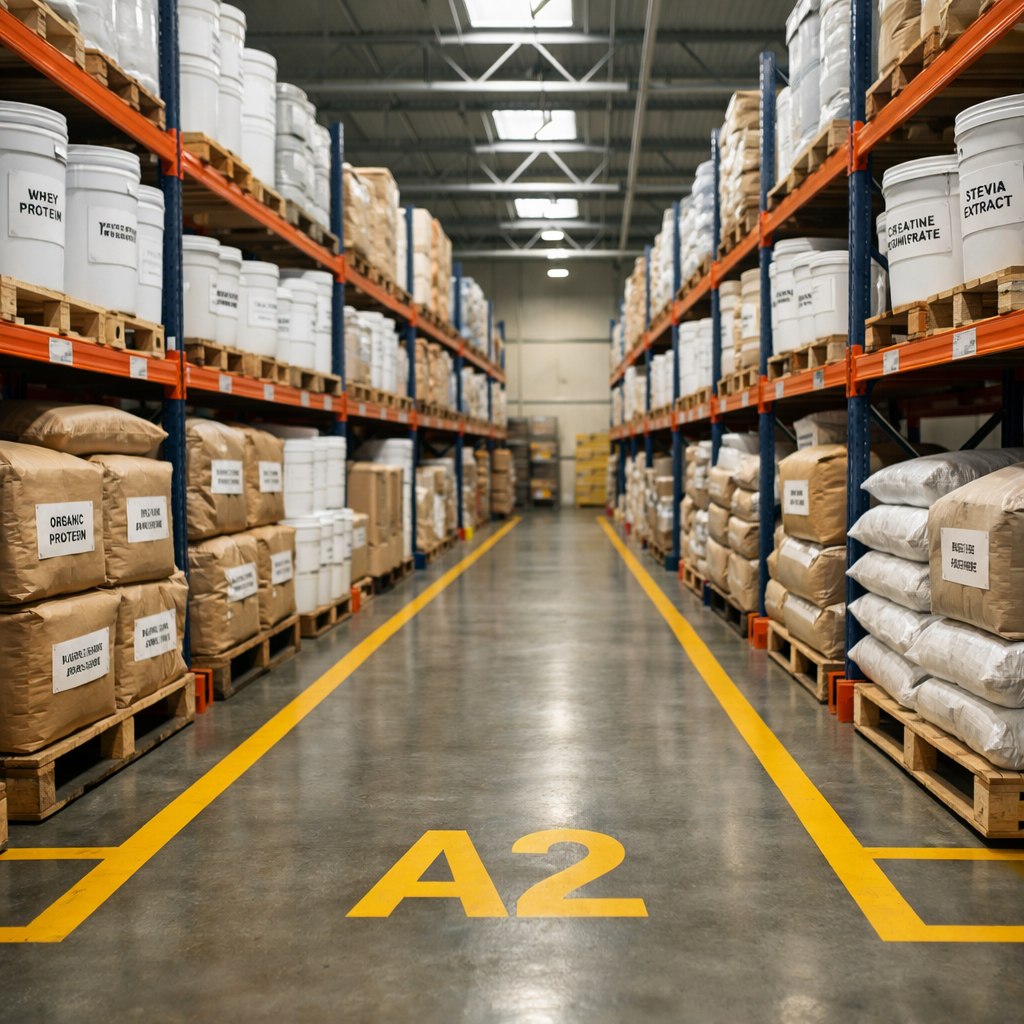 A professional warehouse interior showing organized shelves stocked with labeled containers and bags of bulk nutritional ingredients, shot with 50mm lens, f/2.8, natural lighting from overhead skylights, clean and modern facility with clear aisle markings, highly detailed, photo style