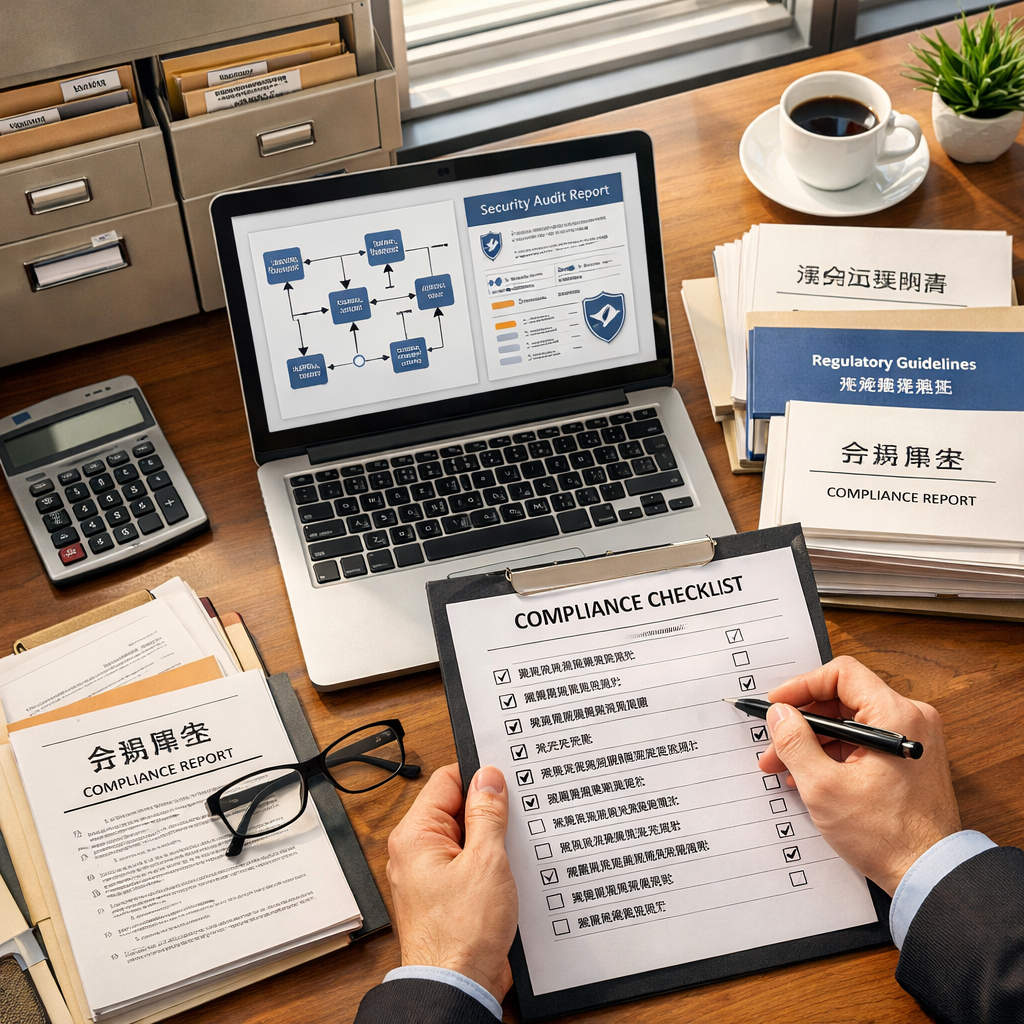A detailed overhead view of a compliance documentation workspace, organized filing cabinets with labeled folders, open laptop displaying data flow diagrams and security audit reports, professional hands reviewing detailed compliance checklists, neat stacks of regulatory documents with Chinese and English text, natural office lighting from large windows, shot with 35mm lens, f/4, sharp focus throughout, clean organized aesthetic, warm professional tones, DSLR camera, highly detailed
