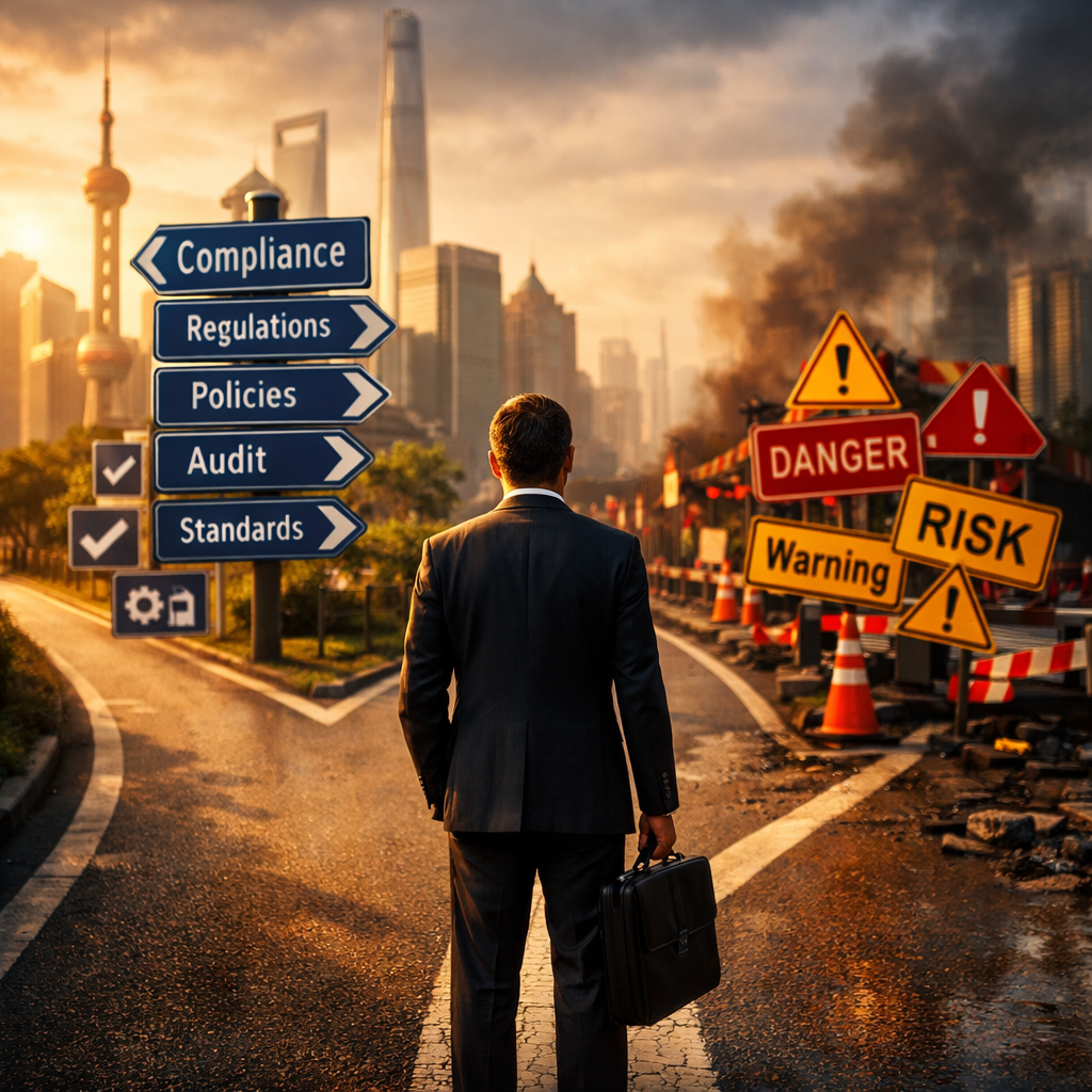 A professional business executive standing at a crossroads in a modern Chinese city, with one path showing clear road signs and organized structures representing a systematic compliance framework, while the other path shows chaos and warning signs. The scene is captured in photo style, shot with a 35mm lens, dramatic lighting with warm tones, high contrast, shallow depth of field, creating a sense of urgency and decision-making.