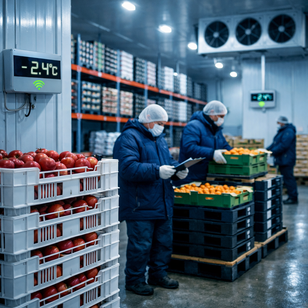 Modern cold storage warehouse interior with stacks of refrigerated fruit containers, temperature monitoring sensors visible, workers in protective gear handling fresh fruit shipments, industrial lighting, shot with 35mm lens, f/4 aperture, showing the precision and scale of professional cold chain logistics operations, photo style, cool blue tones with bright accent lighting, sharp focus on foreground containers