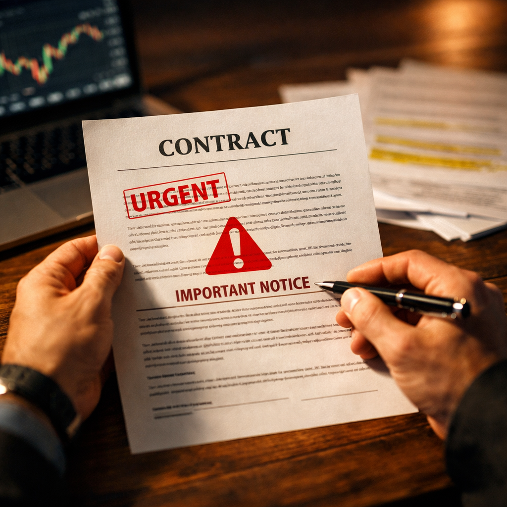 A close-up photo of hands reviewing a business contract on a wooden desk, with a red stamp and warning symbols visible on the document. The scene includes a laptop displaying financial charts, a pen, and scattered papers with highlighted sections. Shot with a 50mm macro lens at f/2.8, creating sharp focus on the contract with soft bokeh in the background. Dramatic side lighting emphasizes the texture of the paper and the seriousness of the review process. Photo style image with high contrast, warm office lighting, professional business documentation setting.