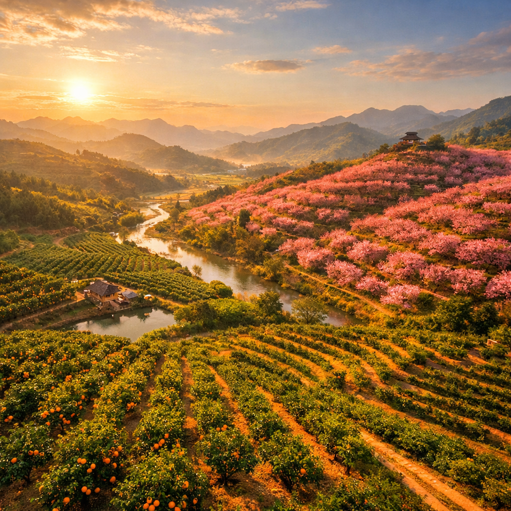 A vibrant aerial view of Chinese fruit orchards showing distinct growing regions across varied terrain, with citrus groves in southern valleys and cherry orchards on northern hillsides, captured in golden hour lighting with a wide-angle lens, showcasing the geographic diversity of China's fruit production, photo style, shot with drone camera, warm natural tones, highly detailed landscape