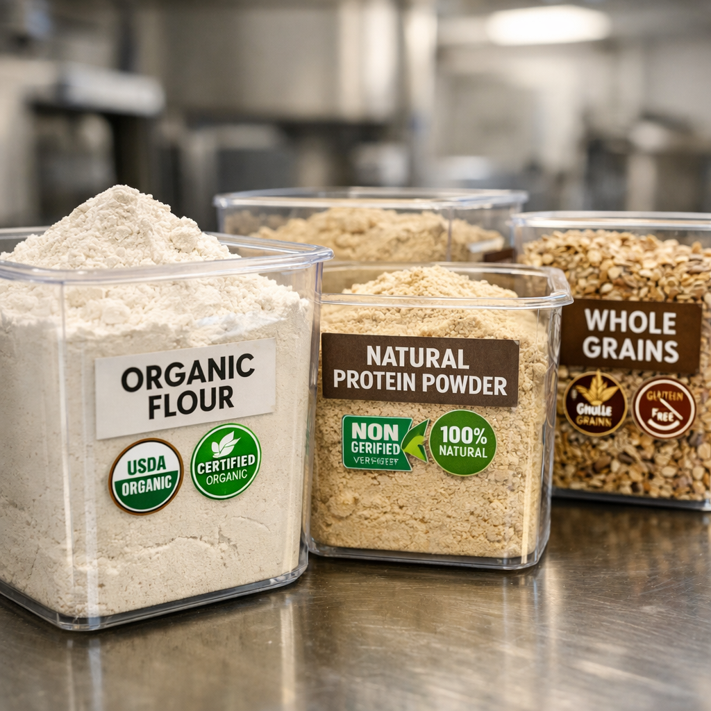 Close-up photo of diverse wholesale baking ingredients displayed in professional clear containers on a stainless steel counter, including organic flour, natural proteins, and whole grains, each container labeled with certification badges, soft natural lighting from above, shot with macro lens at f/2.8, highly detailed texture of ingredients visible, professional kitchen laboratory setting