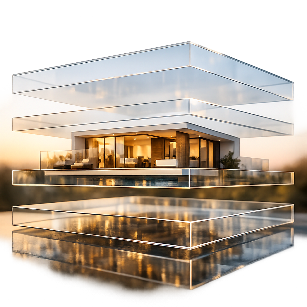 A professional architectural photograph showing a modern residential property held within a transparent layered structure representing trust arrangements, shot with a 24mm wide-angle lens at f/8, natural lighting during golden hour, the property appears suspended between glass-like transparent planes symbolizing the separation between SMSF and bare trust, clean minimalist composition with sharp details, photo style, shallow depth of field blurring the background