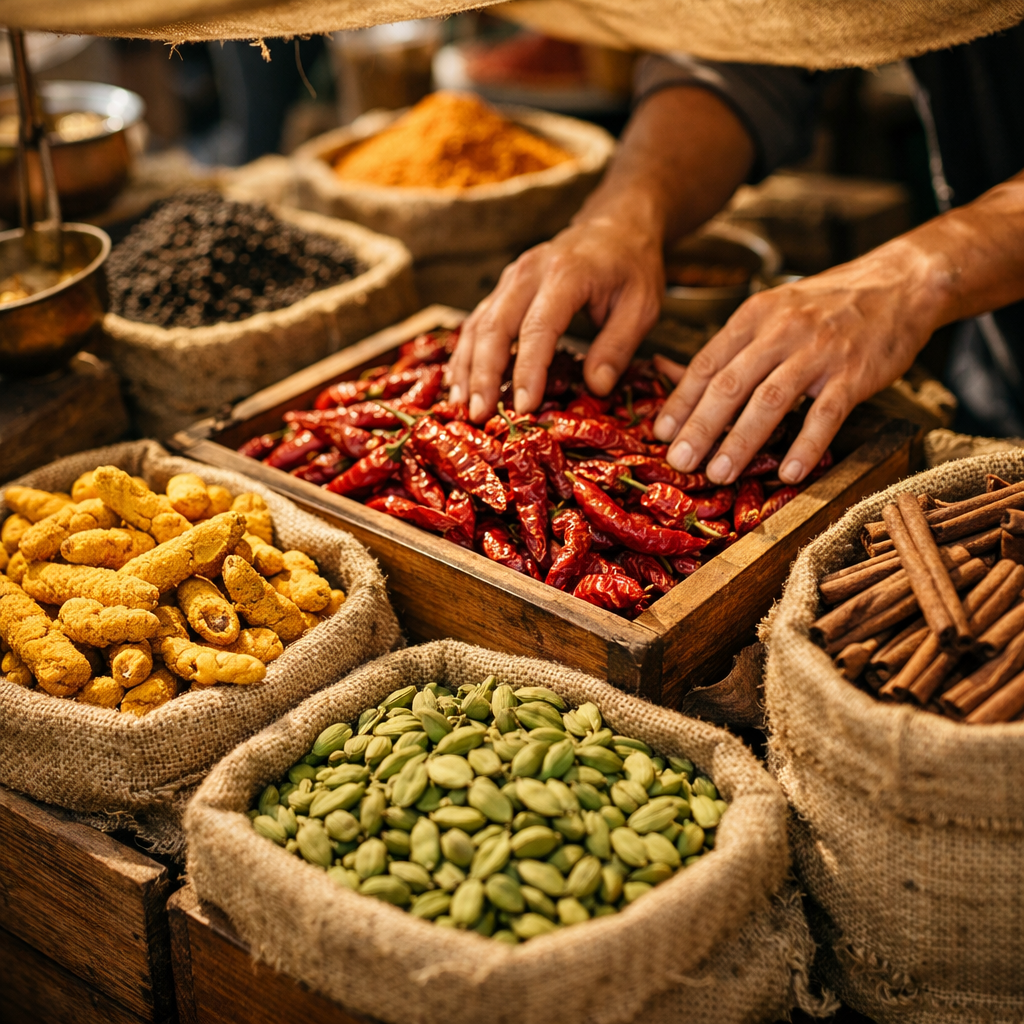 A vibrant overhead photo of an open-air spice market stall, shot with a 50mm lens at f/2.8. Wooden crates and burlap sacks overflow with colorful whole spices - golden turmeric roots, deep red chili peppers, green cardamom pods, and brown cinnamon sticks. Warm natural sunlight filters through a canvas canopy, creating soft shadows. A vendor's hands are visible reaching toward the spices. The scene has shallow depth of field with the foreground spices in sharp focus. Photo style, captured with a DSLR camera, natural lighting, warm tones, highly detailed textures of the spice surfaces.
