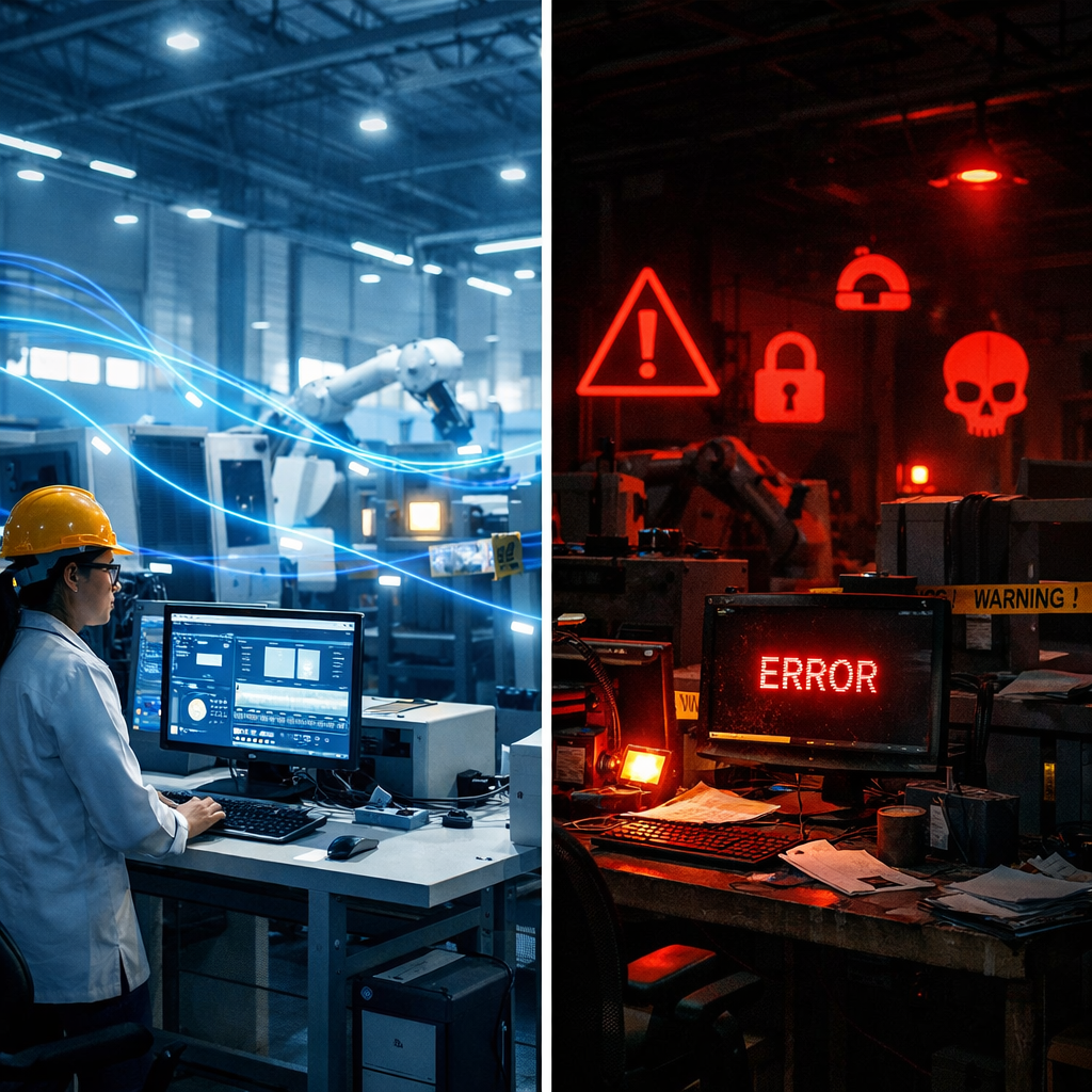 A dramatic split-screen photo composition showing contrast between compliant and non-compliant operations: left side shows a modern, smoothly-running Chinese manufacturing facility with glowing network connections and secure data streams visualized as blue light trails, right side shows the same facility in darkness with red warning symbols and frozen operations, shot with 35mm lens, cinematic lighting, highly detailed, photo style