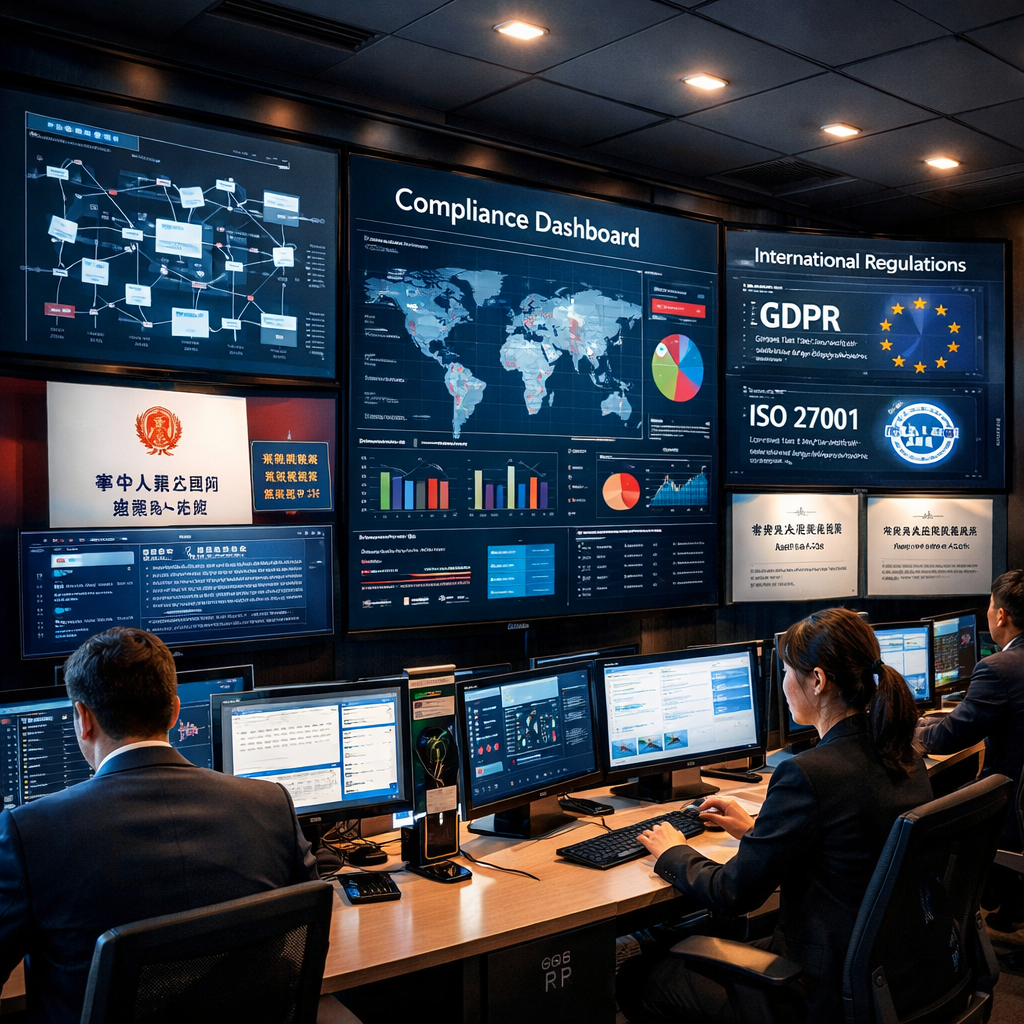 A modern corporate compliance command center: large wall-mounted monitors displaying data flow diagrams, security dashboards, and compliance metrics, professional business environment with Chinese and international regulatory documents visible on screens, wide-angle lens, dramatic lighting, contemporary office setting, high-tech atmosphere, Canon EOS R5, detailed and crisp