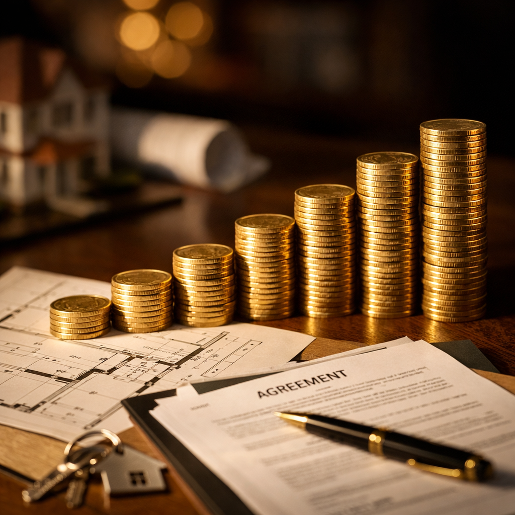 An elegant financial growth visualization photograph showing ascending stacks of gold coins or currency forming a staircase pattern, with architectural blueprints and property documents artfully arranged in the foreground, shot with a 50mm lens at f/2.8, dramatic side lighting creating strong shadows and highlights, warm color tones suggesting wealth accumulation, highly detailed textures on coins and paper, professional business photography style, bokeh effect in background