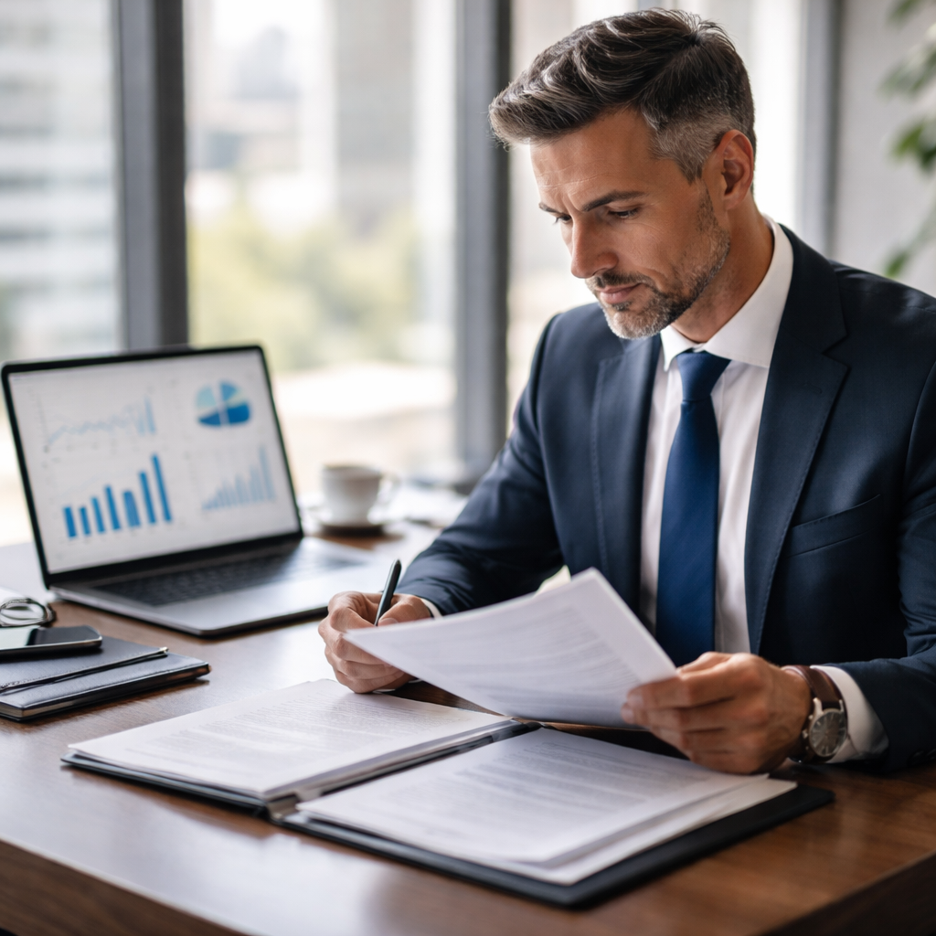 A professional businessperson reviewing important legal documents at a modern office desk, with a laptop displaying financial charts, shot with 50mm lens, f/2.8, natural lighting from large windows, highly detailed, sharp focus, photo style