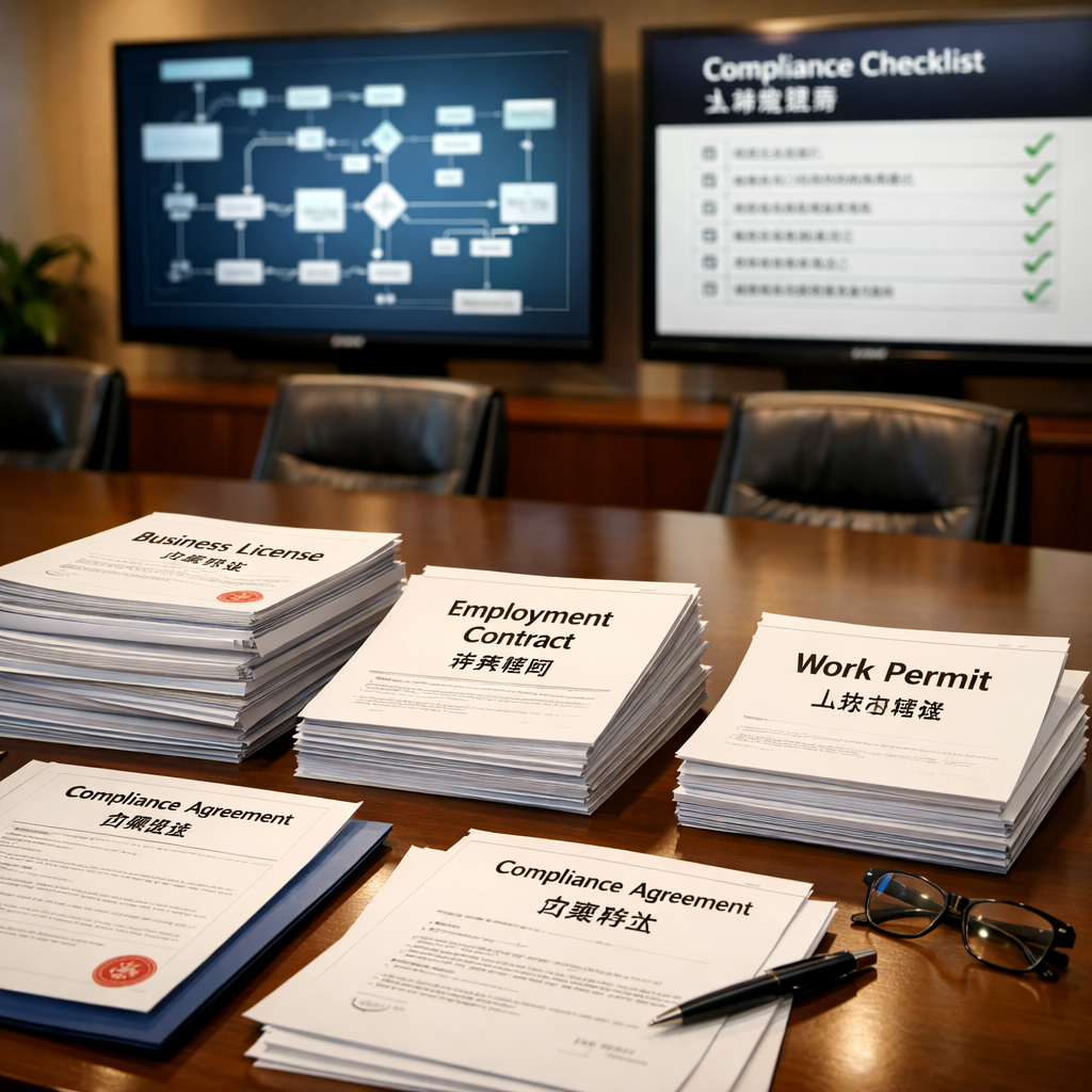 Corporate governance meeting room with conference table displaying organized stacks of legal documents, business licenses, employment contracts, work permits, Chinese and English documents side by side, digital screens showing data flow diagrams and compliance checklists, professional corporate environment, photo style, shot with 50mm lens, f/2.8, warm office lighting, sharp focus on foreground documents with soft background blur, executive office photography