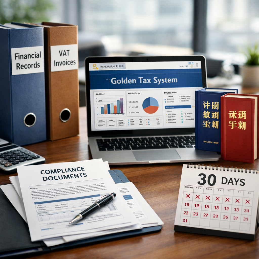 A professional business desk scene in modern office setting with compliance documents, laptop displaying dashboard, Golden Tax System interface, organized file folders labeled 'Financial Records' and 'VAT Invoices', Chinese regulatory guidebooks, calendar showing 30-day timeline, photo style, shot with 35mm lens, natural office lighting, shallow depth of field, high detail, business photography aesthetic