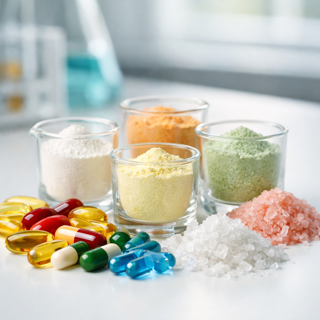 A detailed photo of various supplement ingredients displayed on a white laboratory counter, including colorful vitamin capsules, mineral powders in glass beakers, and amino acid crystals, shot with 50mm lens, f/2.8 aperture, natural lighting from large windows, shallow depth of field focusing on the foreground ingredients, professional product photography style, clean and scientific atmosphere, highly detailed textures showing the different forms of supplements
