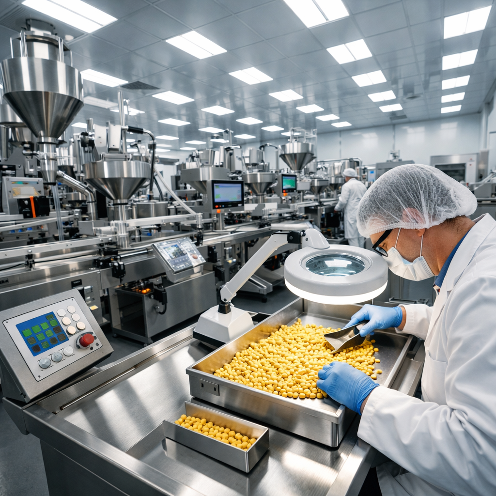 A modern pharmaceutical manufacturing facility interior showing stainless steel equipment and production lines, technician in white lab coat examining supplement tablets on quality control station, bright overhead LED lighting, wide-angle lens perspective, professional industrial photography, clean room environment with organized workflow, shot with DSLR camera, high contrast, emphasizing precision and sterile manufacturing conditions