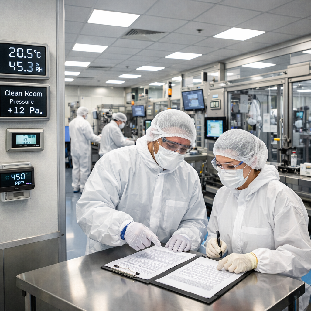 Modern pharmaceutical or medical device manufacturing facility with clean room environment, workers in protective gear following documented procedures, quality control equipment visible, temperature and environmental monitoring systems on walls, organized and well-lit production floor, photo style, wide-angle lens, industrial lighting, shot with Canon EOS R5, highly detailed, professional industrial photography