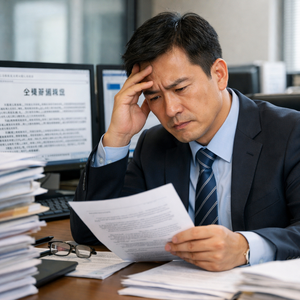 A professional business person looking stressed while reviewing compliance documents in a modern office, surrounded by stacks of regulatory paperwork and Chinese text visible on computer screens, photo style, shot with 50mm lens, f/2.8, natural office lighting, realistic workplace environment, DSLR camera, high detail