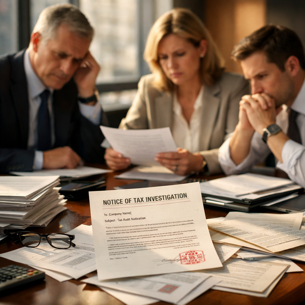 A professional business meeting scene in a modern Chinese office, shot with 50mm lens at f/2.8, showing concerned foreign executives reviewing stacks of financial documents and tax forms spread across a conference table, with a official letter prominently displayed, natural lighting from large windows creating dramatic shadows, photo style, shallow depth of field, highly detailed, warm tones conveying tension and urgency
