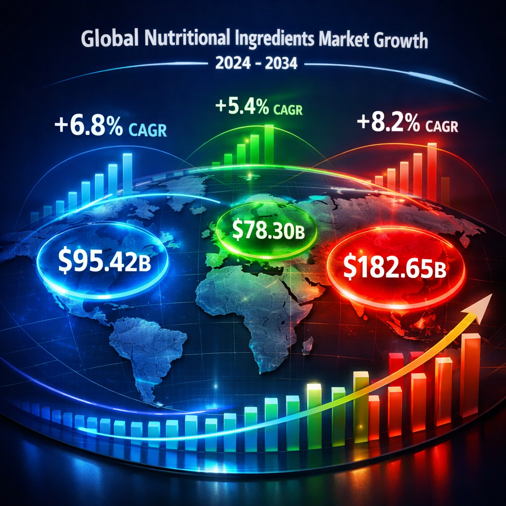 A dynamic data visualization showing the global nutritional ingredients market growth trajectory from 2024 to 2034, featuring an interactive 3D world map with regional market sizes represented by glowing circular indicators of different colors - Asia Pacific in vibrant red showing $182.65B, North America in electric blue, and Europe in green. Rising bar charts and curved growth lines connect the regions, with floating percentage indicators showing CAGRs. The visualization has a modern tech aesthetic with translucent layers, gradient effects, and a dark blue background suggesting data analysis and market intelligence. Shot with wide-angle lens, dramatic lighting, highly detailed, professional business photography style