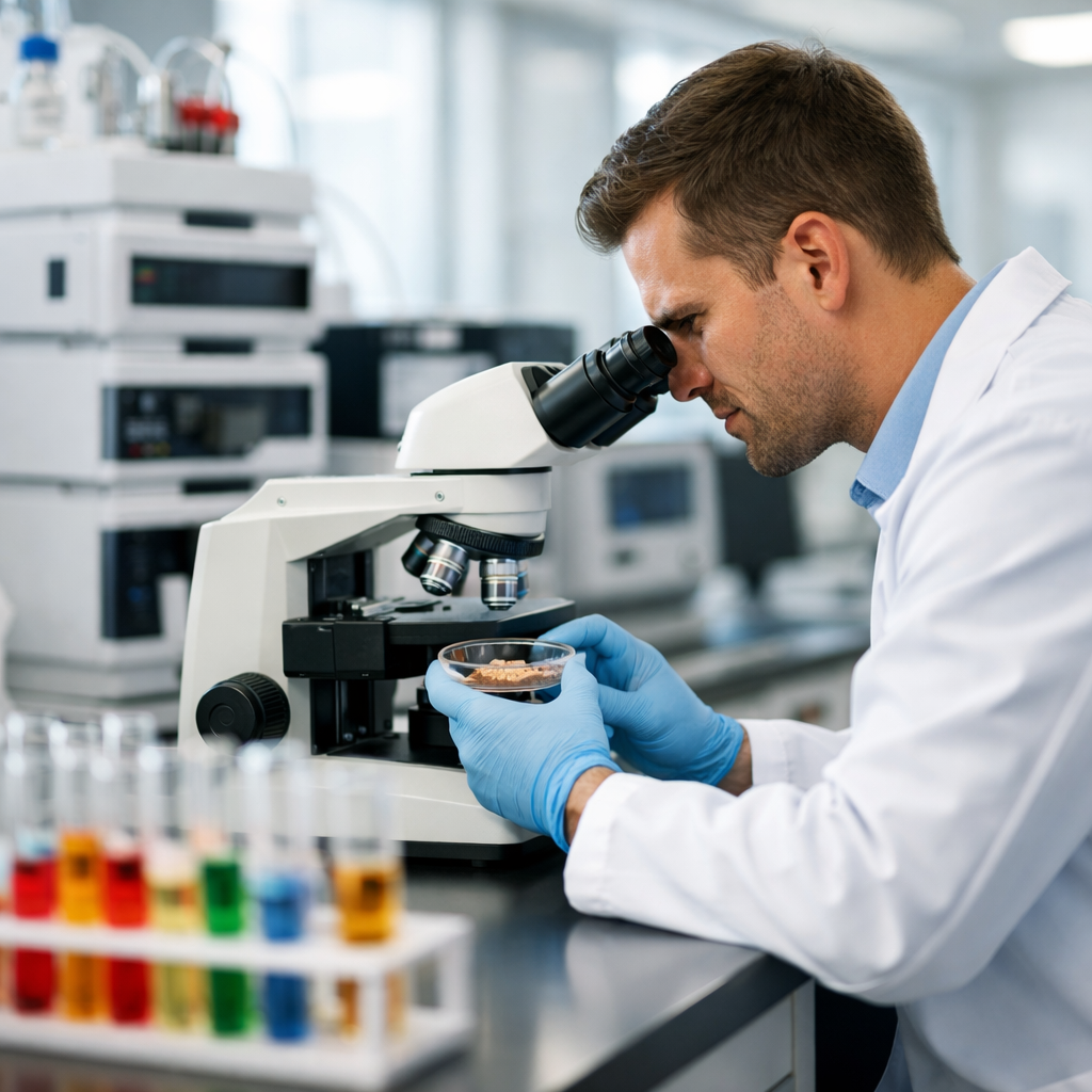 A modern laboratory setting with a scientist in a white coat examining ingredient samples under advanced analytical equipment. HPLC machines and spectroscopy devices are visible in the background, with test tubes containing various colored liquids in the foreground. Clean, professional environment with bright LED lighting and sterile surfaces. Shot with 50mm lens, f/2.8, shallow depth of field, natural lighting from large windows creating soft shadows, highly detailed, photo style