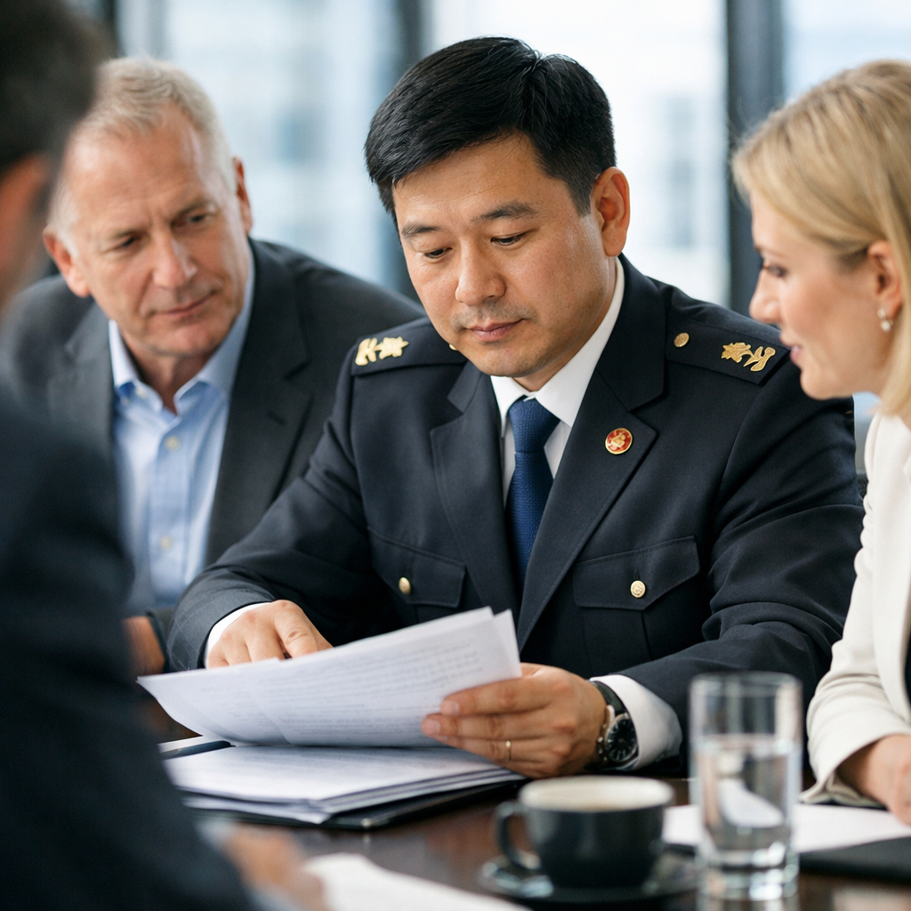 A professional business office scene showing a Chinese regulatory inspector in formal attire reviewing documents with international business executives around a modern conference table, shot with 50mm lens, natural lighting from large windows, shallow depth of field focusing on the document review, photo style, high detail