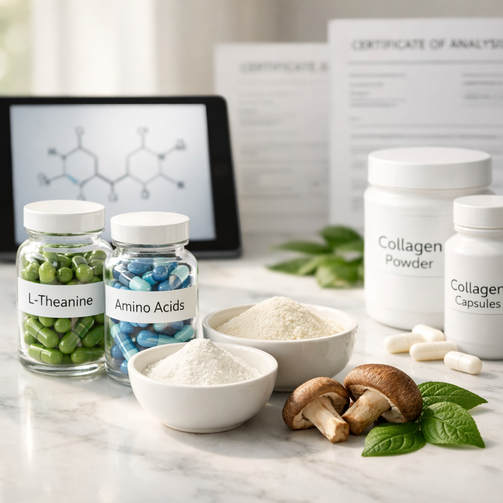 A clean, minimalist product photography composition showing various premium nutritional supplement forms arranged on a white marble surface with natural morning light. The scene includes transparent glass bottles with colorful capsules (L-Theanine in green, amino acids in blue tones), elegant white ceramic bowls containing pure powder ingredients, fresh plant materials like mushrooms and green leaves representing plant-based sources, and a few collagen supplement containers. Scientific elements like a molecular structure diagram on a tablet screen and testing certificates are subtly visible in the background. The composition uses shallow depth of field with f/2.8 aperture, creating soft bokeh effect. Natural lighting from a large window creates warm, inviting atmosphere while maintaining clinical precision. Professional commercial photography style, Canon EOS R5, 50mm lens, high resolution, clean label aesthetic