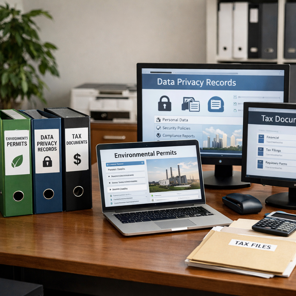 An organized compliance documentation system showing neatly arranged folders and digital screens displaying environmental permits, data privacy records, and tax documents in a modern office setting, shot with 35mm lens, soft natural lighting, clean professional atmosphere, photo style, high detail