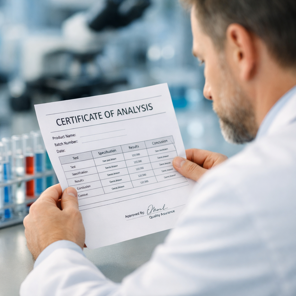A professional laboratory scientist in a white coat carefully examining a Certificate of Analysis document under bright lighting, with test tubes and scientific equipment visible in the background, modern pharmaceutical laboratory setting, shot with 50mm lens, f/2.8, shallow depth of field, natural lighting, highly detailed, photo style