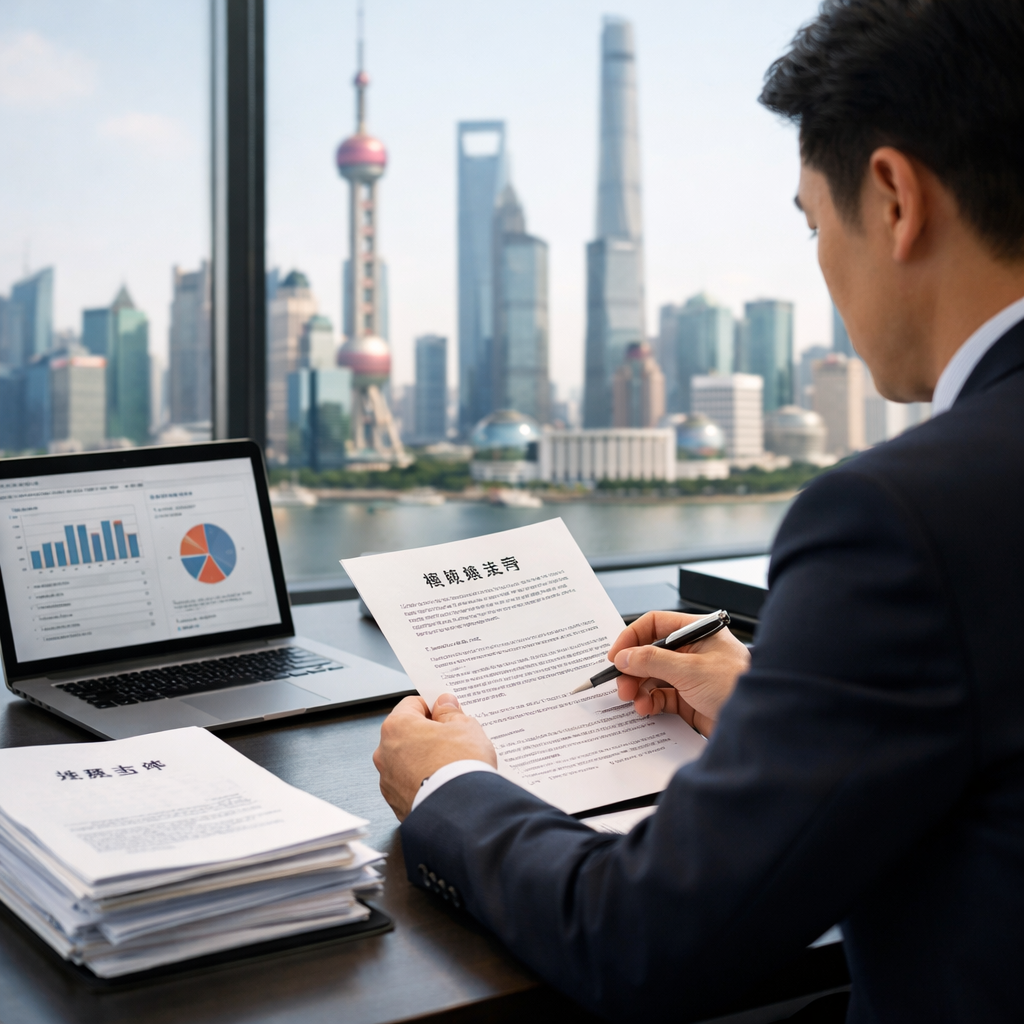 A professional business person reviewing compliance documents at a modern office desk in Shanghai, with the Pudong skyline visible through floor-to-ceiling windows. The desk has a laptop displaying regulatory charts, stacks of legal documents with Chinese characters, and a digital tablet. The lighting is natural daylight creating a serious, focused atmosphere. Shot with 50mm lens, f/2.8, shallow depth of field, professional corporate photography style.