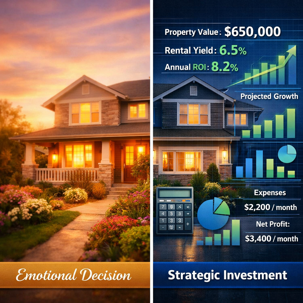 A split-screen comparison image showing two contrasting property evaluation approaches. Left side: a dreamy, soft-focus view of a beautiful residential property with warm sunset lighting and emotional appeal (labeled 'Emotional Decision'). Right side: the same property shown as a data-driven analysis with transparent overlay displaying financial metrics, rental yield percentages, growth charts, and calculator icons (labeled 'Strategic Investment'). The right side has a professional, analytical appearance with blue and green data visualization elements. Photo style, high contrast between the two sides.
