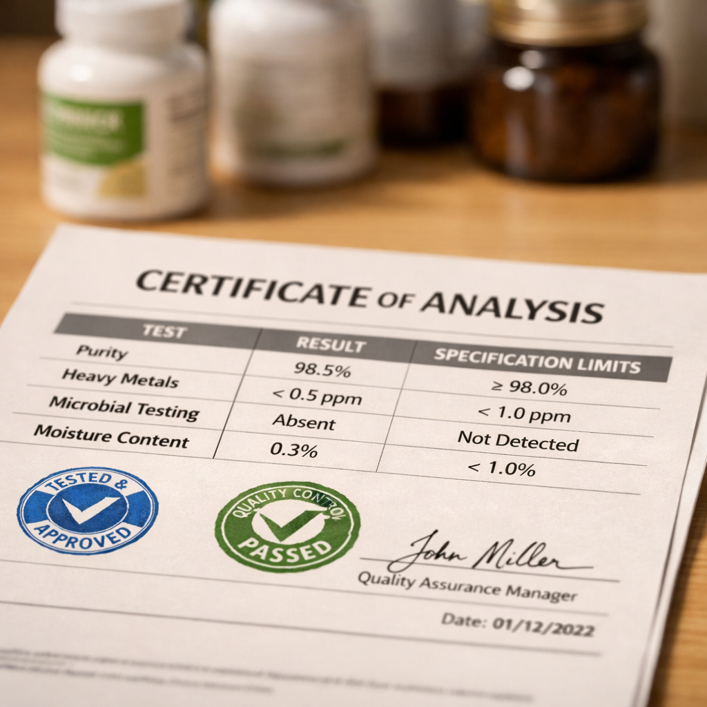 Close-up photo of a Certificate of Analysis document on a clean desk surface. The COA shows detailed test results, specification limits, and official stamps. In soft focus background, supplement bottles and ingredient containers. Natural office lighting from the side creates gentle shadows. Macro lens perspective, 50mm f/1.8, shallow depth of field emphasizing the document details. Professional business photography style with warm tones