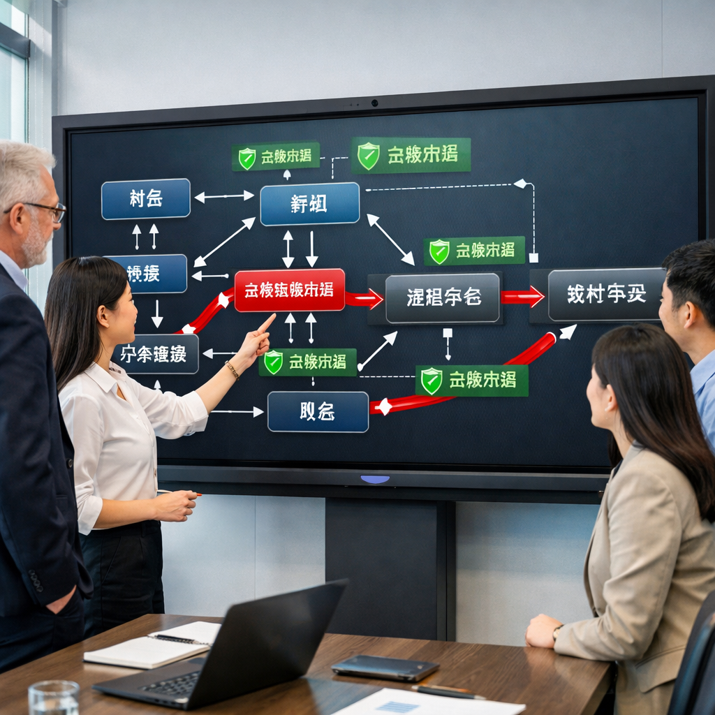 A detailed flowchart visualization showing data flow paths in a Chinese business operation, displayed on a large touchscreen monitor. The chart shows interconnected nodes representing different departments, with arrows indicating personal information flow, cross-border data transfers highlighted in red, and compliance checkpoints marked with green icons. A diverse team of compliance professionals is reviewing the display. Modern office setting with clean design, natural lighting from the side, highly detailed, professional corporate environment, shot with wide-angle lens.