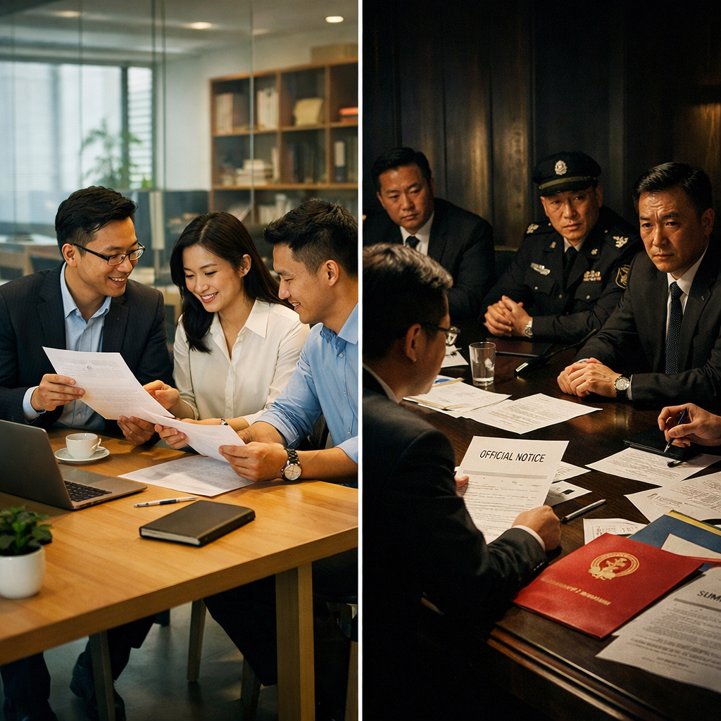 A dramatic split-screen composition showing contrast between compliance and crisis: Left side depicts a serene, well-organized modern Chinese office with transparent glass walls, where business professionals review documents confidently under soft natural lighting; Right side shows a tense scene with dimmed lighting where executives face serious government officials across a conference table, with official notices and legal documents scattered, suggesting regulatory enforcement action. Shot with 35mm lens, cinematic lighting, high contrast, photo style, highly detailed professional photography