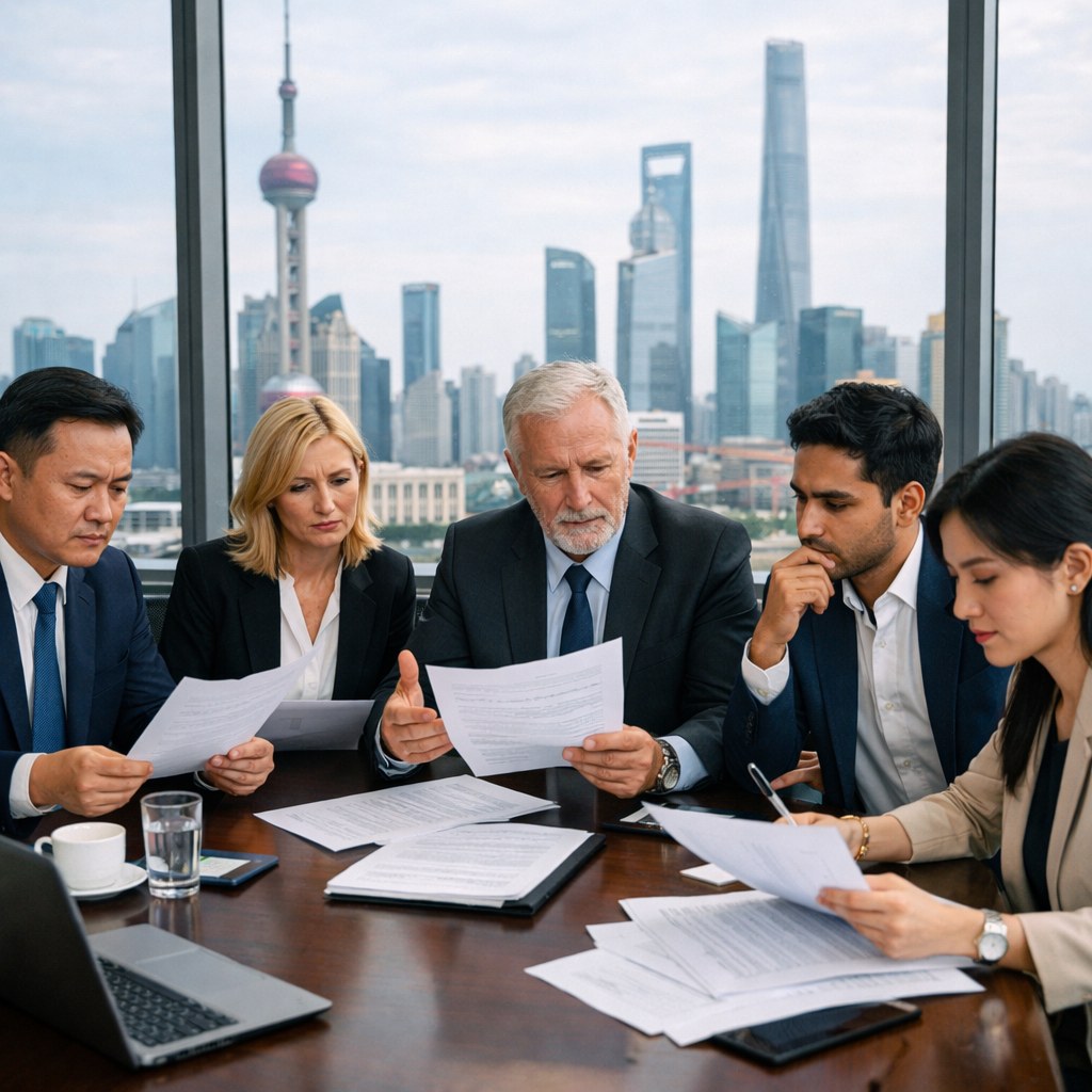 A professional business meeting scene in a modern Chinese office, showing diverse international executives reviewing compliance documents with concerned expressions, large windows overlooking Shanghai skyline, photo style, shot with 35mm lens, natural lighting, corporate atmosphere, highly detailed, contemporary setting