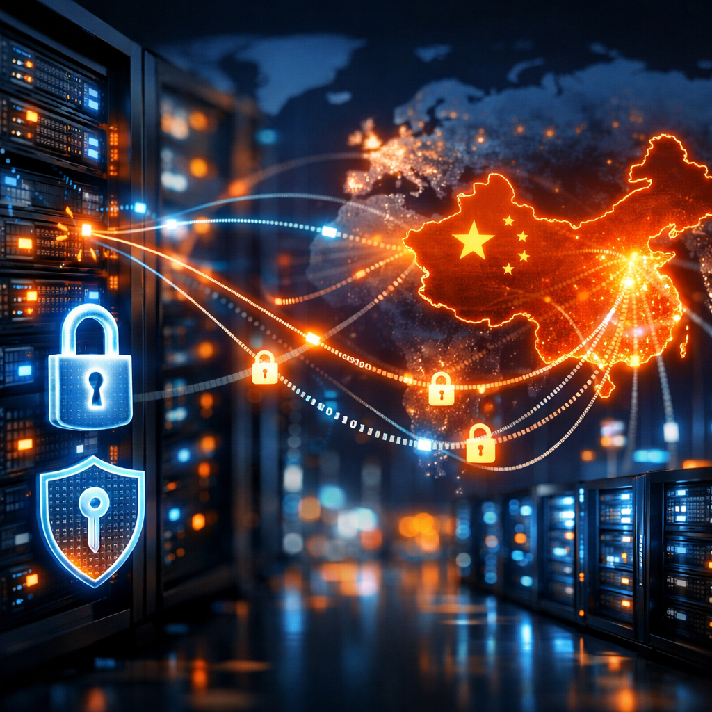 A technical visualization showing data flow between China and global locations, featuring illuminated network connections, secure data centers with server racks, digital security locks and encryption symbols, blue and orange lighting scheme, photo style, high-tech atmosphere, shallow depth of field, dramatic lighting, futuristic business technology concept