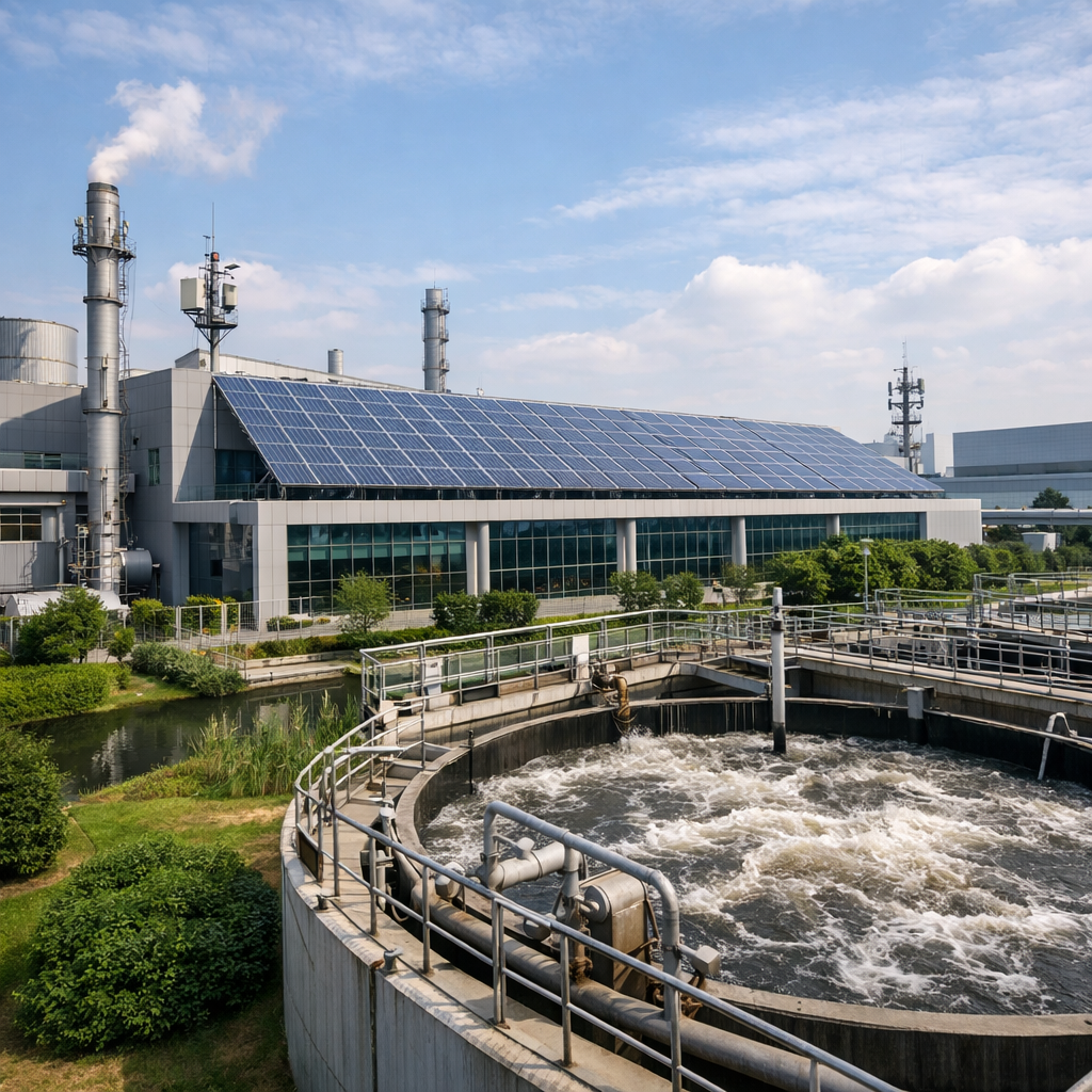 A modern Chinese manufacturing facility exterior showing environmental compliance features: visible emissions monitoring equipment, wastewater treatment tanks, and green infrastructure elements like solar panels on the roof. The scene is captured during daytime with industrial architecture in the background, shot with a wide-angle lens, photo style with natural lighting and industrial documentary aesthetic.