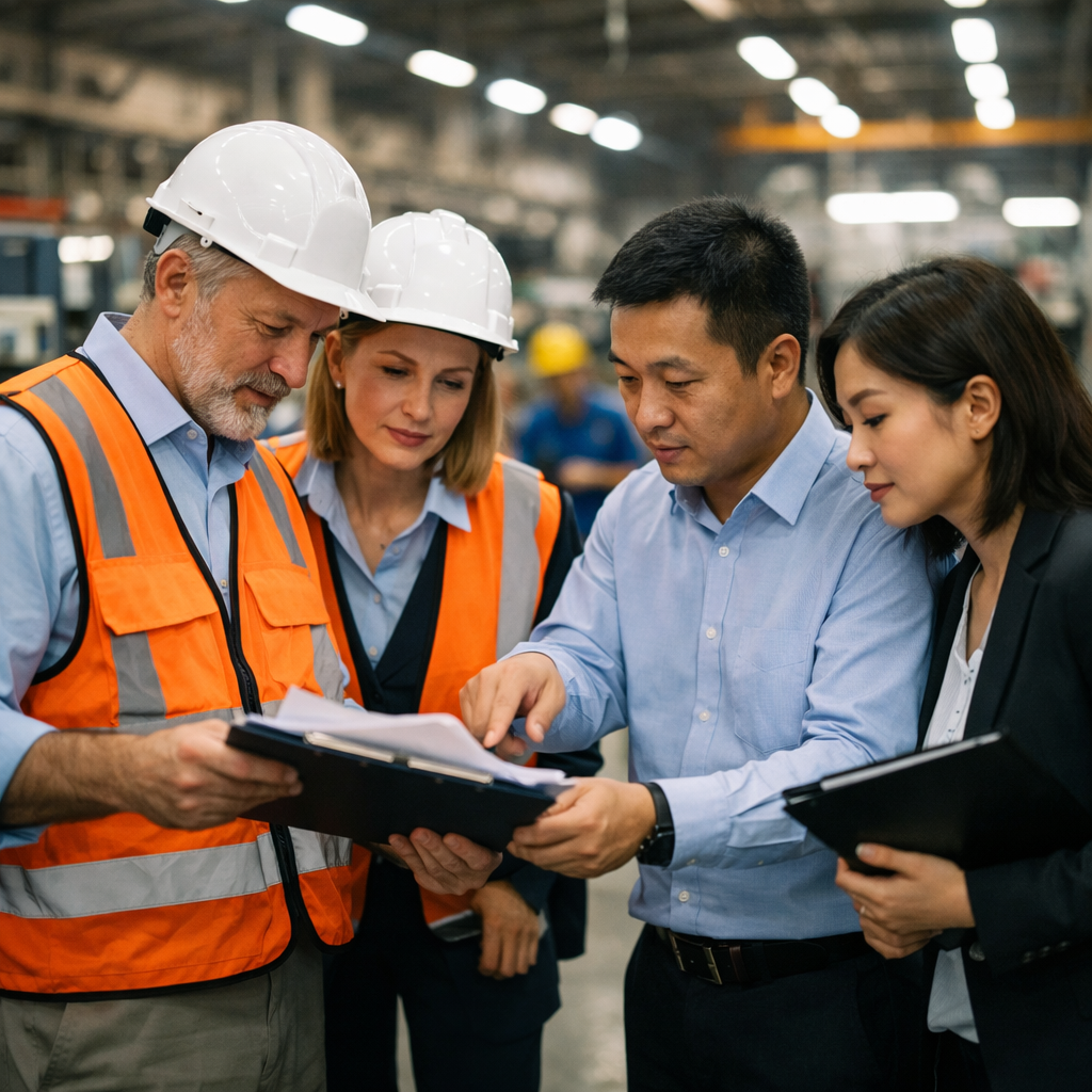 Business professionals conducting a factory floor inspection in a Chinese manufacturing facility: foreign auditors in safety vests reviewing documents with local managers, industrial machinery visible in the background, workers at production stations. Shot with 35mm lens, natural lighting from overhead industrial lights, professional documentary photo style with shallow depth of field focusing on the inspection team.