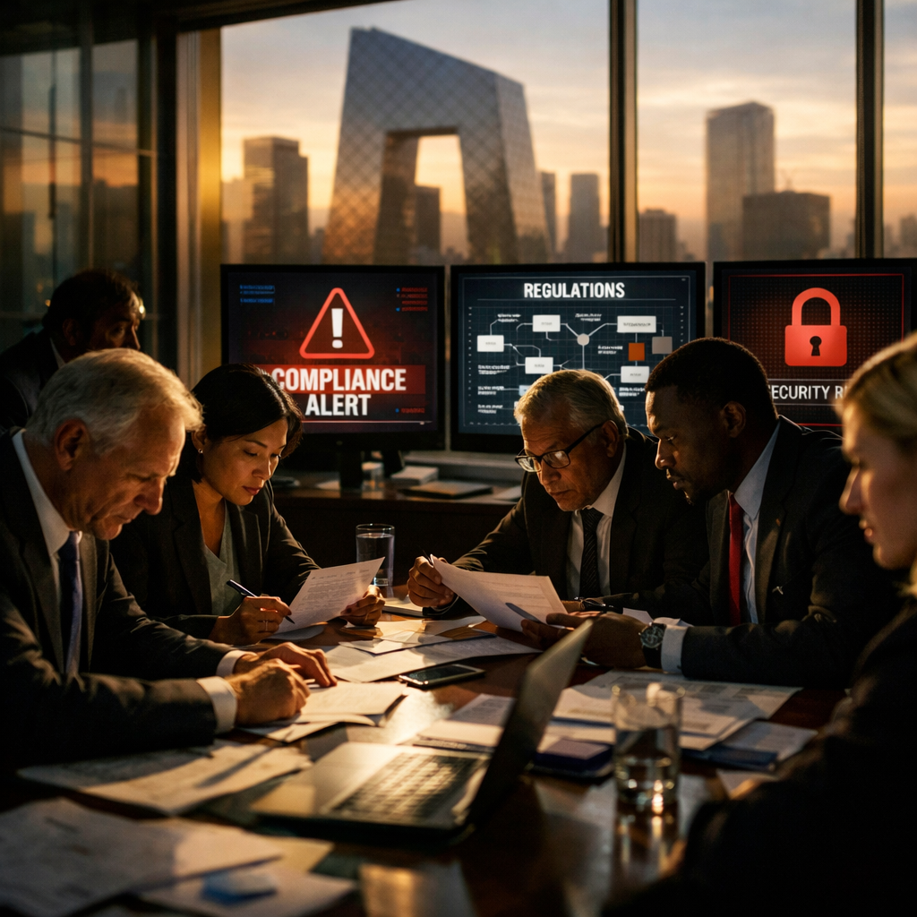 A tense boardroom scene with diverse international business executives reviewing compliance documents and digital screens displaying warning symbols, data flow diagrams, and regulatory checkpoints, dramatic side lighting creating strong shadows, shot with 35mm lens, shallow depth of field, corporate environment with modern glass walls, Beijing skyline visible through windows at golden hour, documentary photography style, 4K resolution