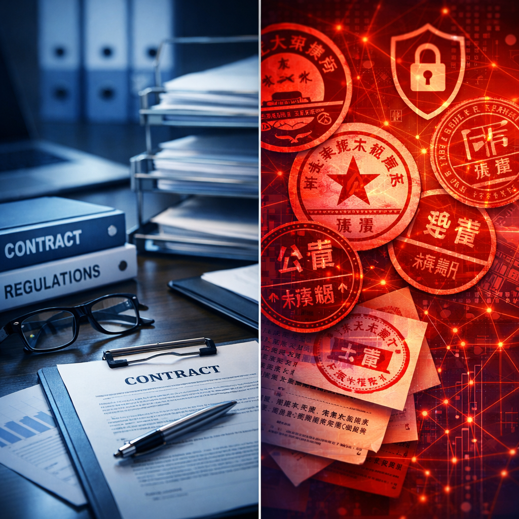 A dramatic split-screen composition showing contrasting regulatory environments: left side features Western business documents with clean lines and organized filing systems in cool blue tones, right side shows complex Chinese regulatory framework with overlapping layers of red official seals, security symbols, and interconnected data networks in warm red and purple gradients, shot with 50mm lens, f/2.8, professional lighting, highly detailed, business photography style