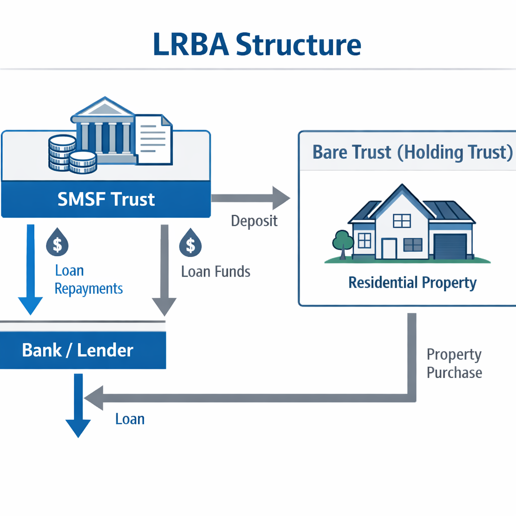 A professional diagram showing the LRBA structure with two distinct trust entities: an SMSF trust on the left connected to a bare trust (holding trust) on the right, with a residential property icon held within the bare trust, arrows indicating money flow from a bank/lender to the trusts, clean corporate style illustration with blue and grey color scheme, modern financial infographic design
